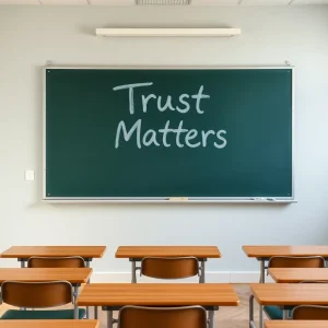 Classroom empty with a chalkboard displaying "Trust Matters"