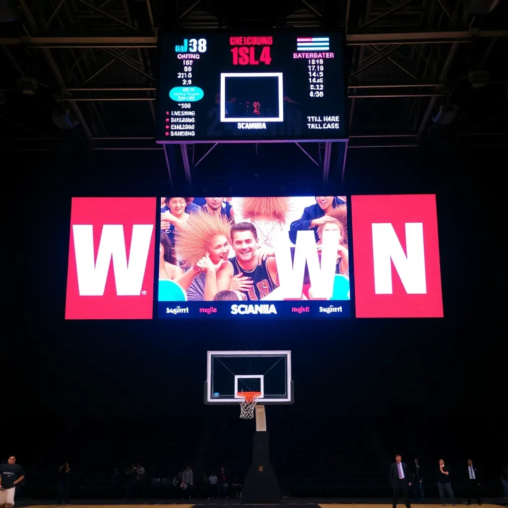 Basketball court with scoreboard celebrating a close win.