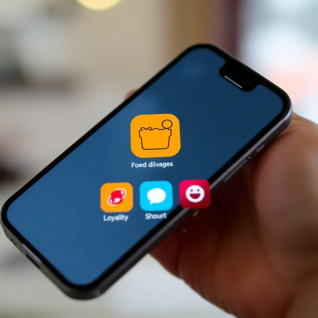 Smartphone with food delivery apps and loyalty icons.