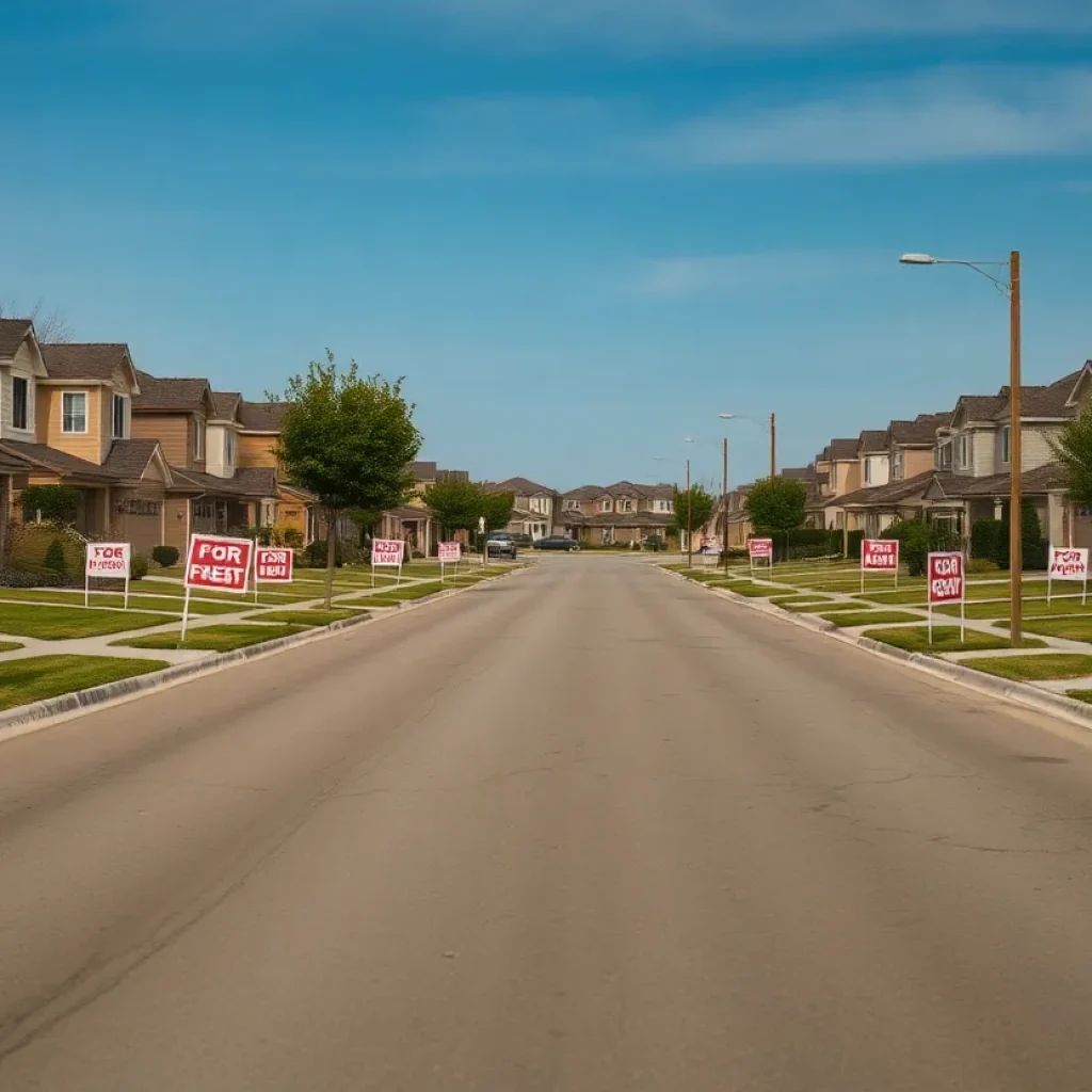 Empty suburban streets with "For Rent" signs.