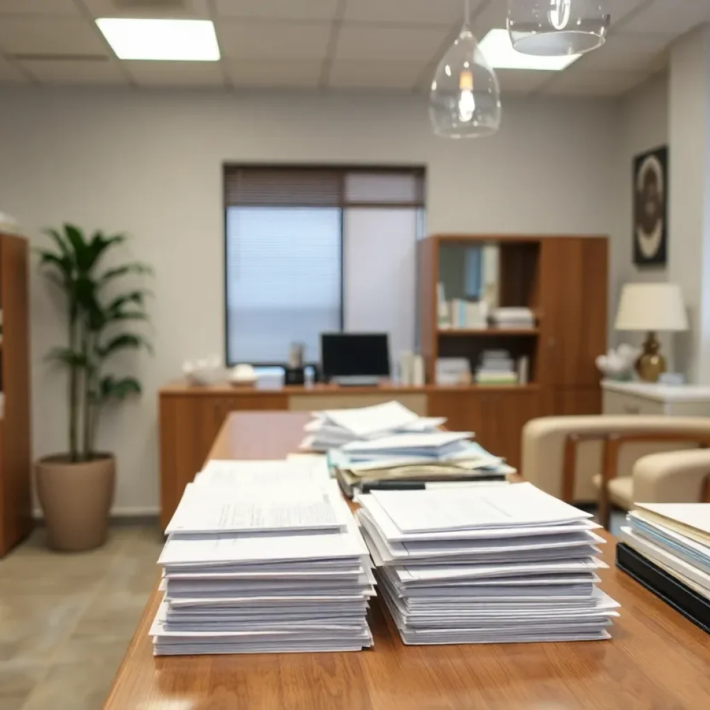 Bottlenecked paperwork in a spa office setting.