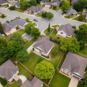 Aerial view of suburban homes with "For Sale" signs.