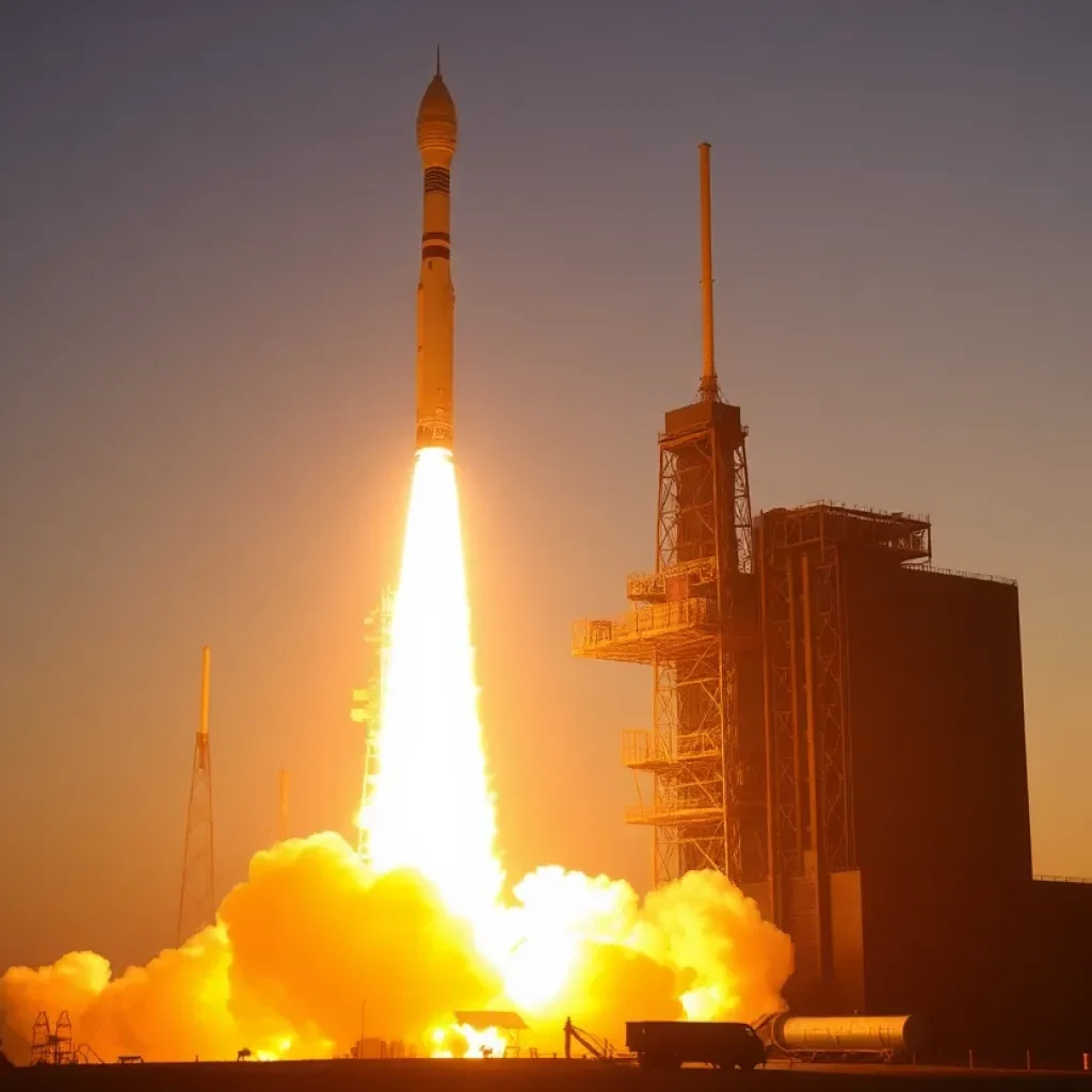 Rocket launching from modern space launch facility at sunrise.