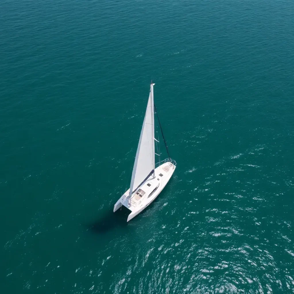 Aerial view of a saildrone over sparkling ocean waters.