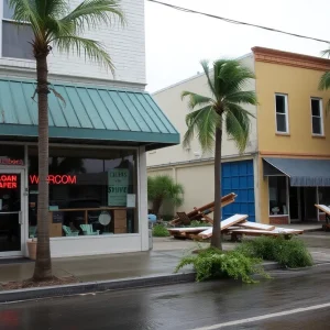 Resilient storefronts amidst storm-damaged surroundings in Florida.