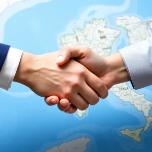 Handshake over a map of Florida and Italy.