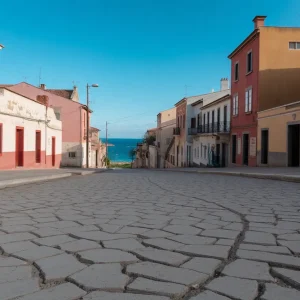 Cracked pavement with leaning buildings and coastal views.