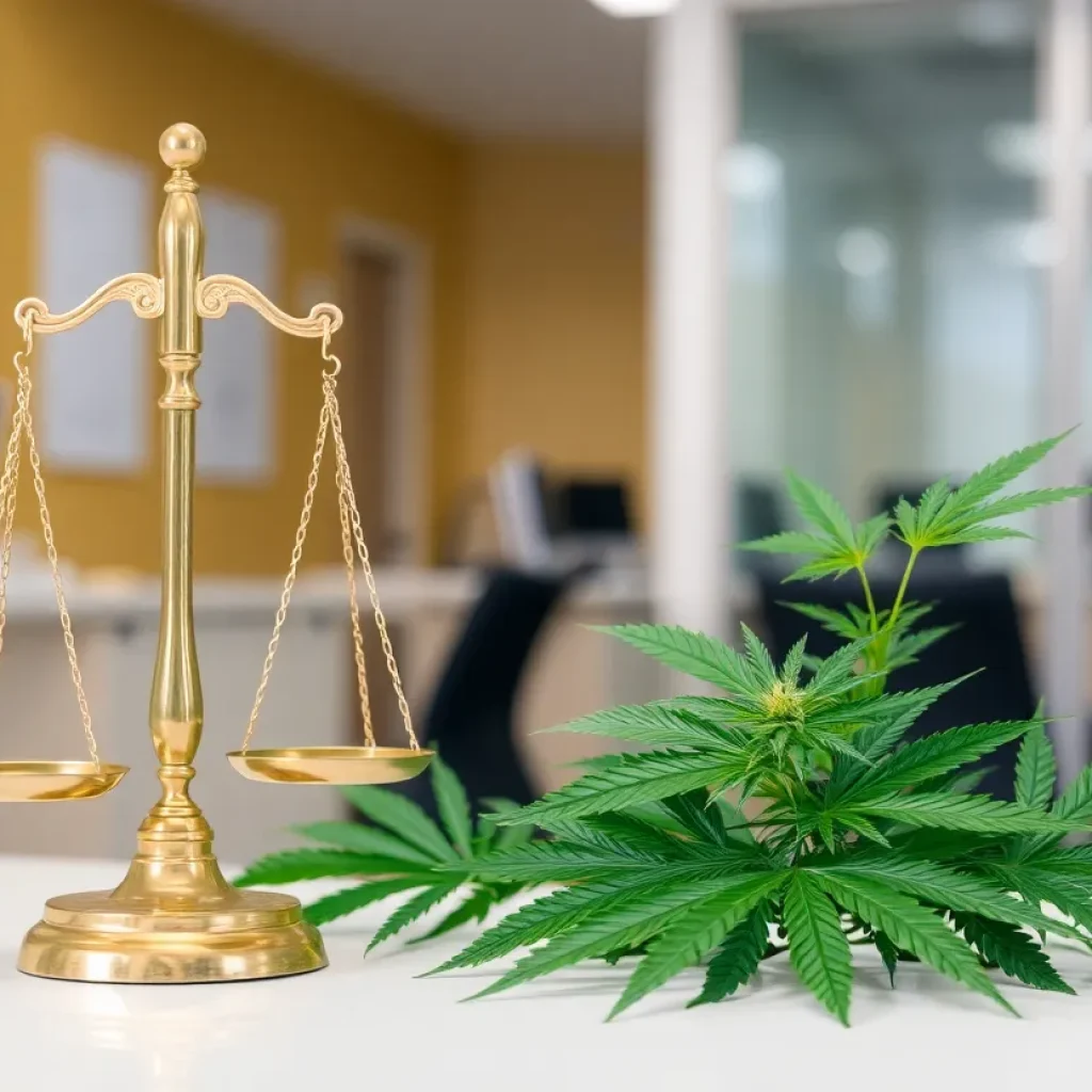 Legal scales with cannabis leaves and office settings.