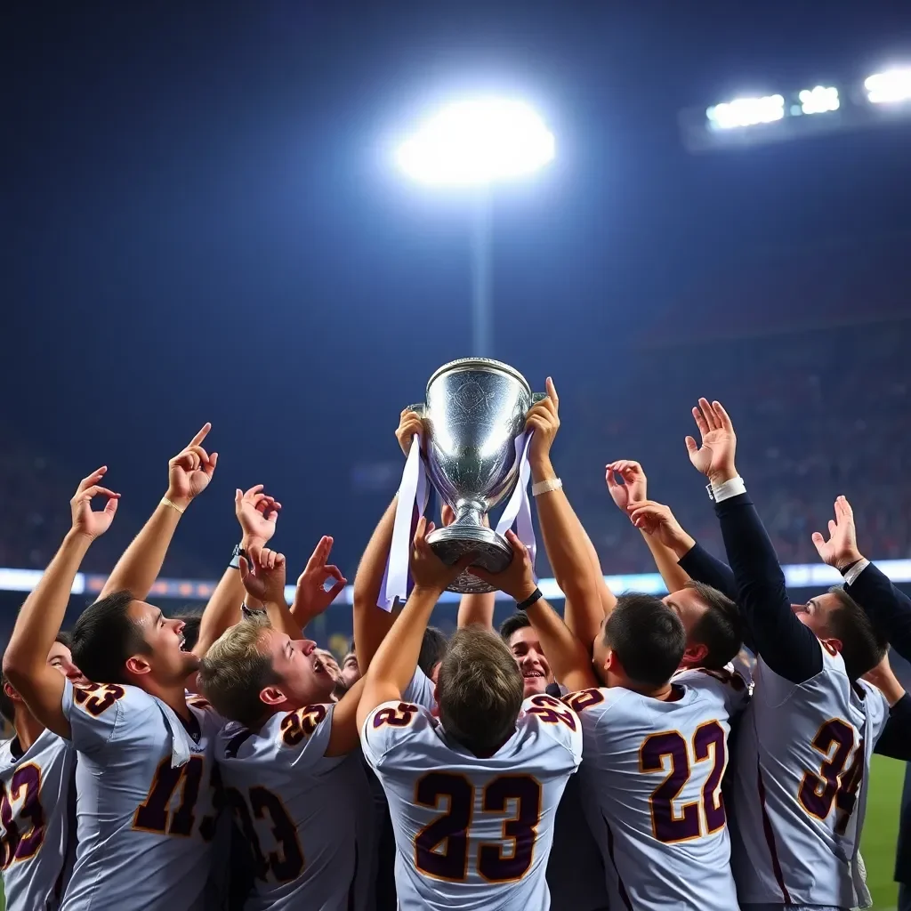 Celebratory football team hoisting championship trophy under stadium lights.