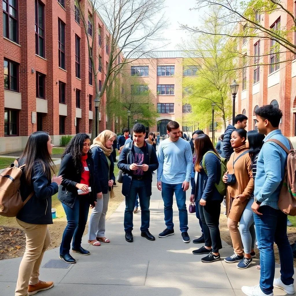 University campus with diverse students engaging in collaborative projects.