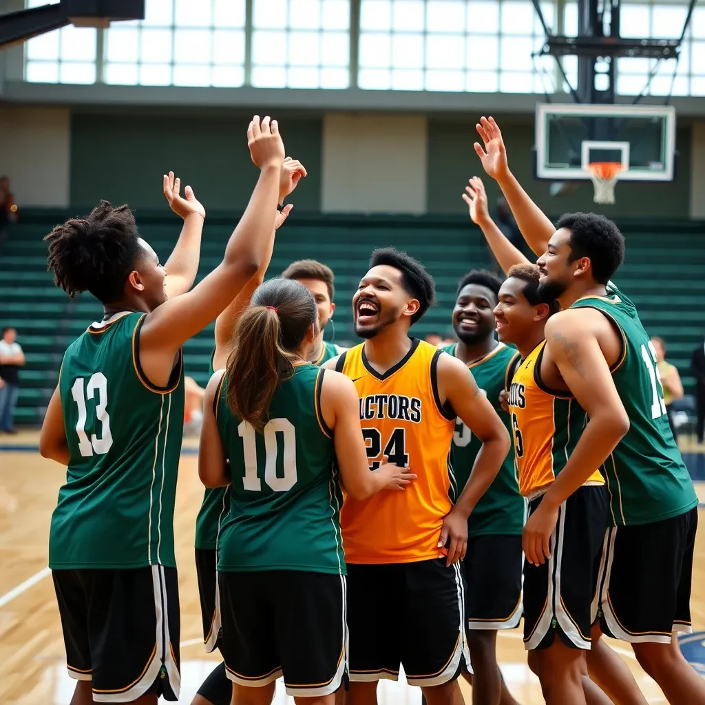 Joyful celebration of teamwork in a basketball court.