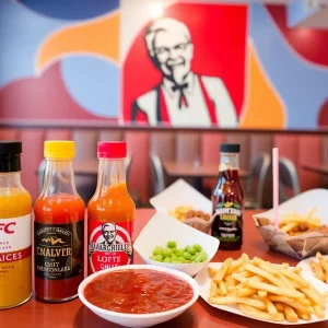 Vibrant dining setting with various KFC sauces and meals.