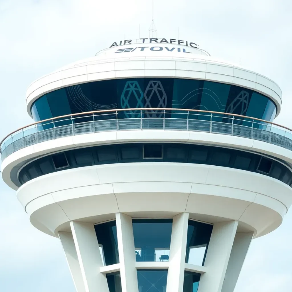 Modern air traffic control tower with advanced technology.