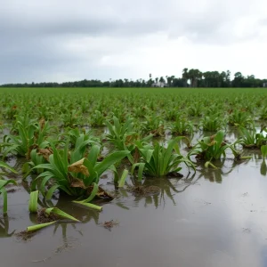 Damaged crops in a flooded agricultural field post-hurricane.