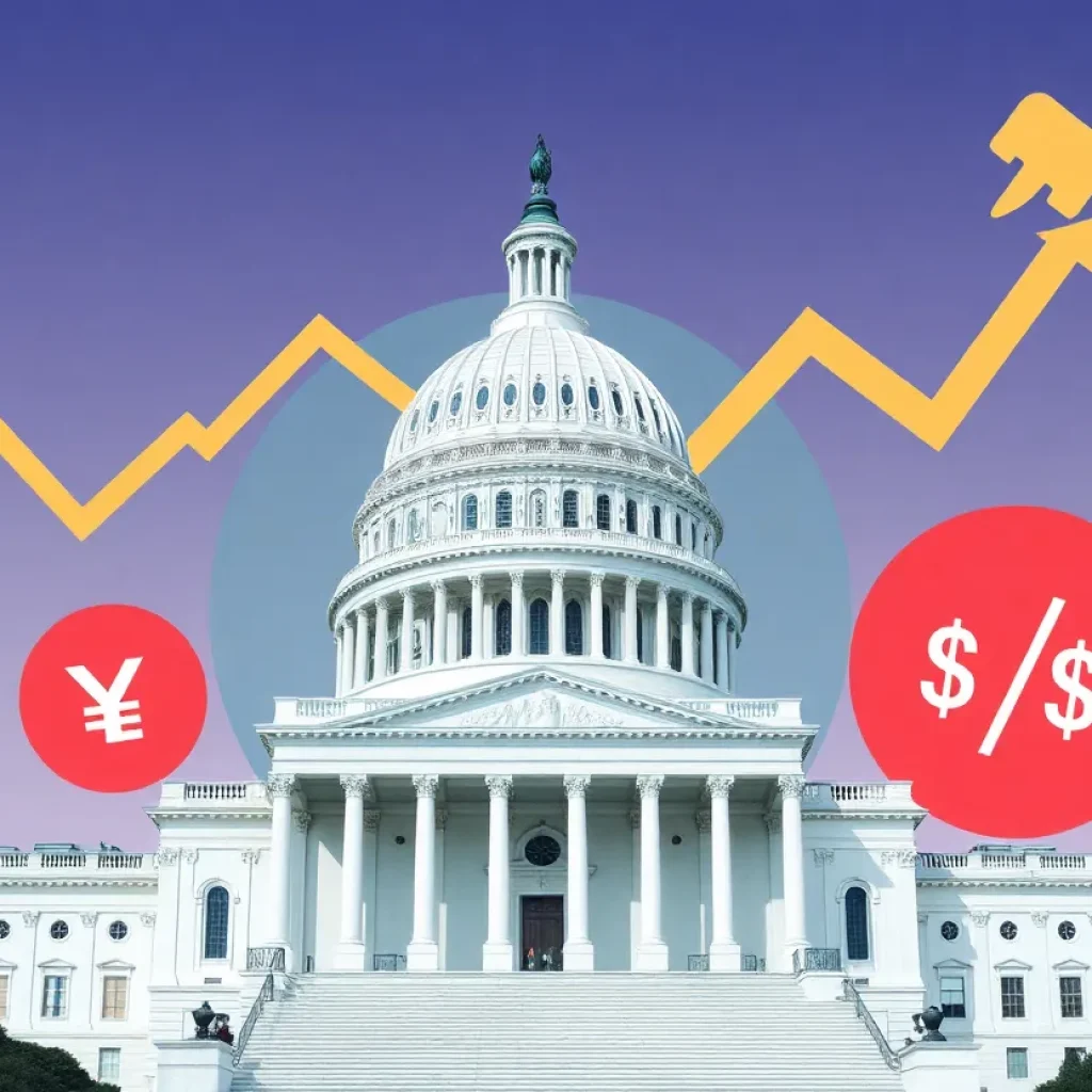 Capitol building with financial charts and debate symbols.