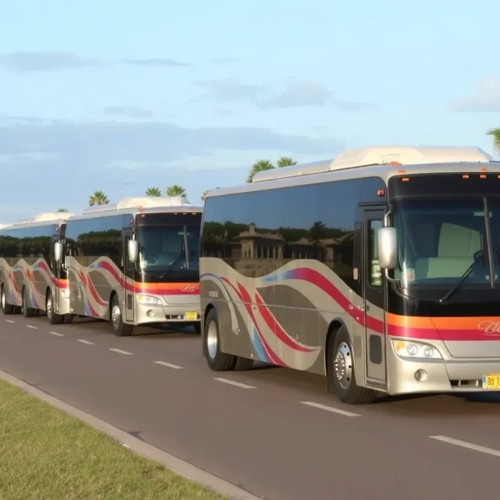 Motorcoaches lined up for hurricane evacuation assistance.