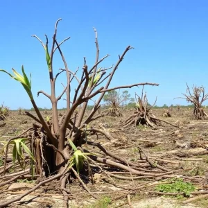 Devastated crops in storm-damaged Florida farmland.