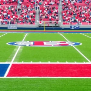 College football field with team colors and logo.