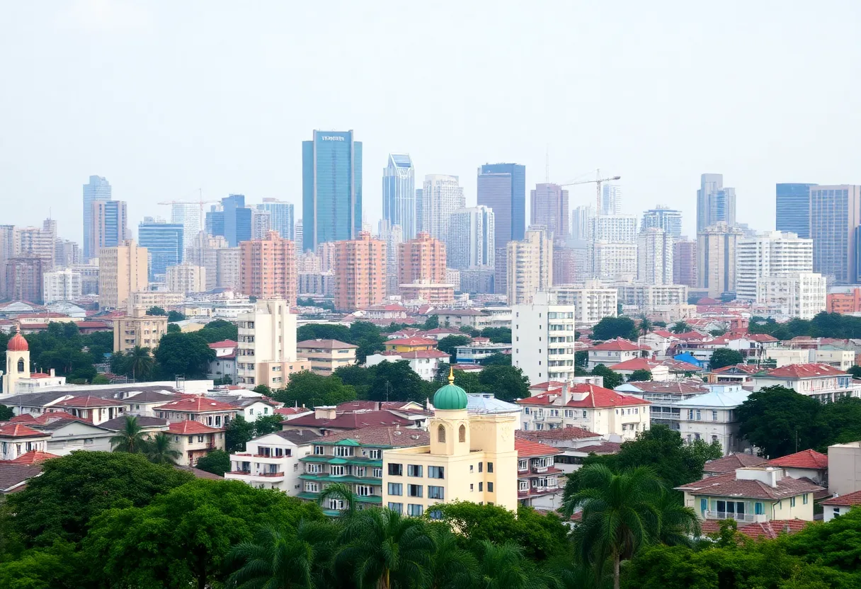 Urban skyline with diverse housing and bustling economy.