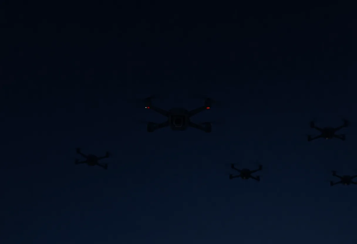 Drones hovering in a somber, empty night sky.