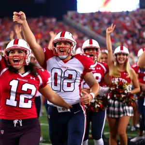 College football excitement with team jerseys and cheerleaders.