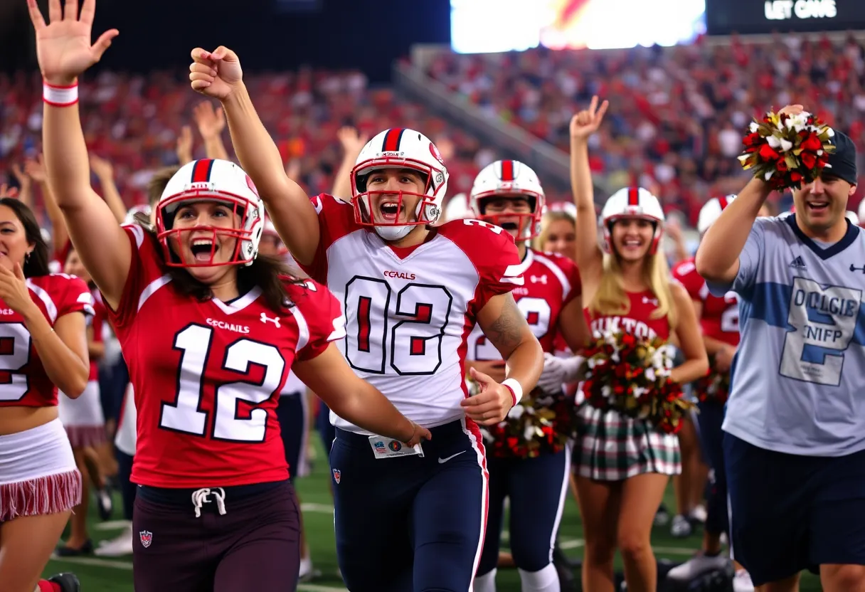 College football excitement with team jerseys and cheerleaders.