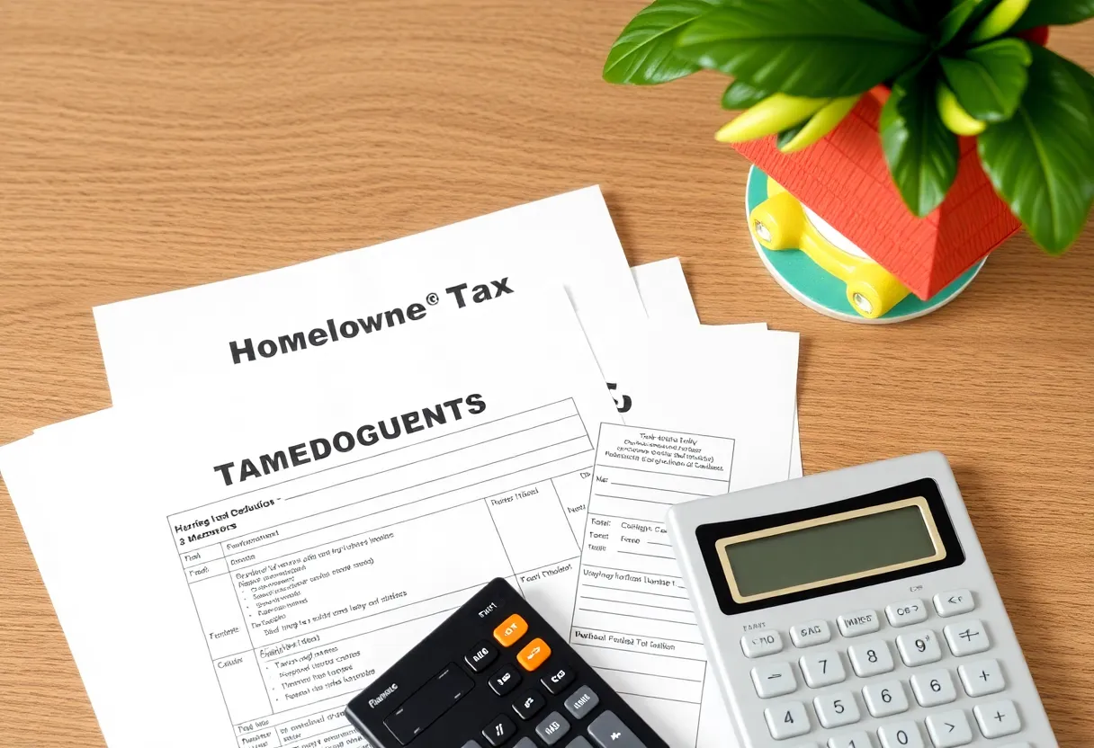 Homeowner tax documents with calculator and Florida-themed decor.