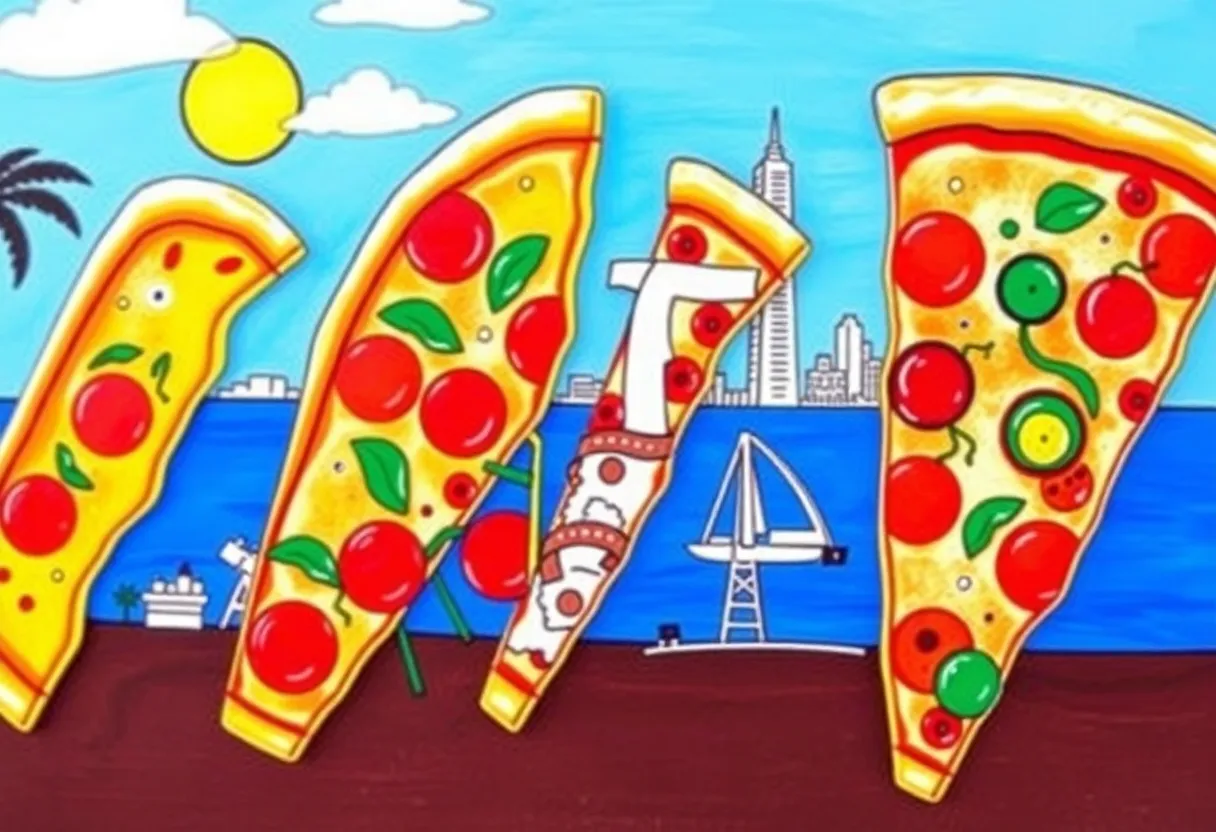 Vibrant pizza slices with Florida landmarks in background.