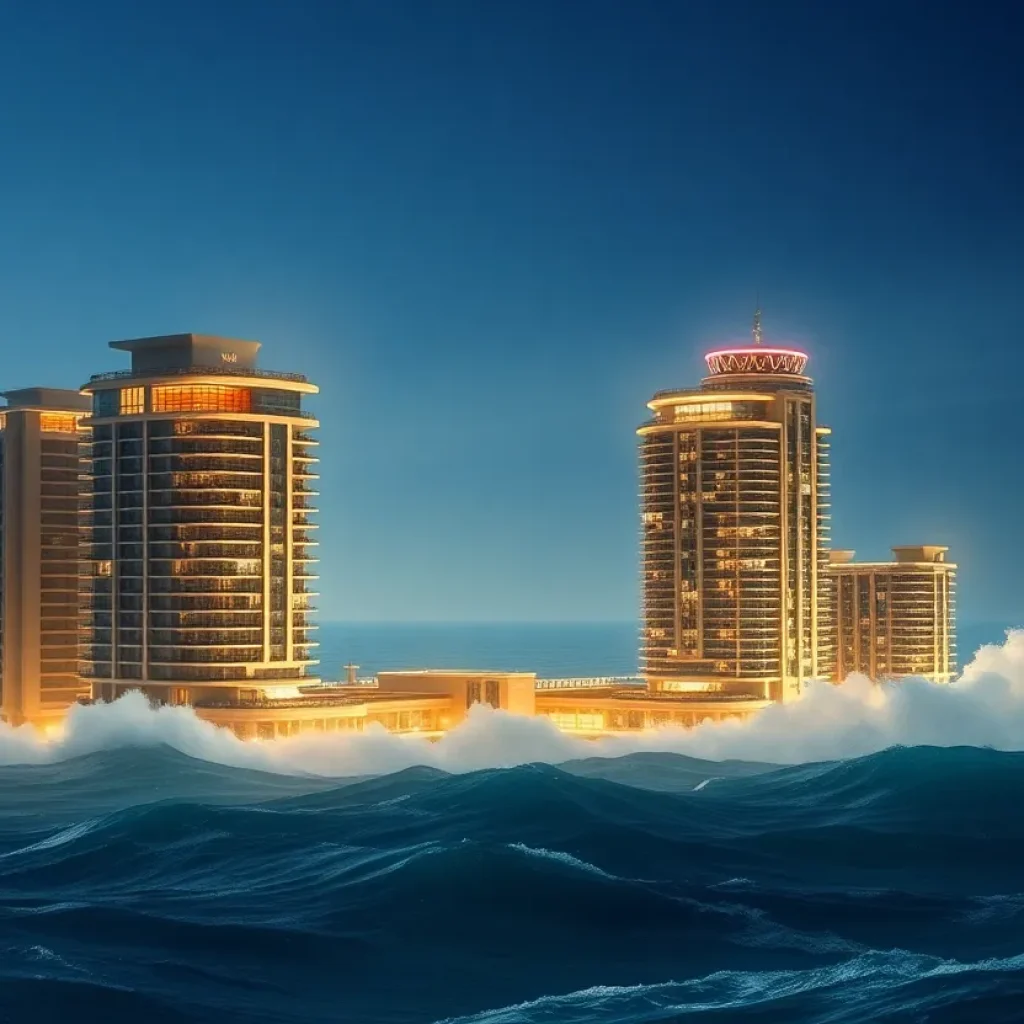 Luxury skyscrapers partially submerged in rising ocean waves.