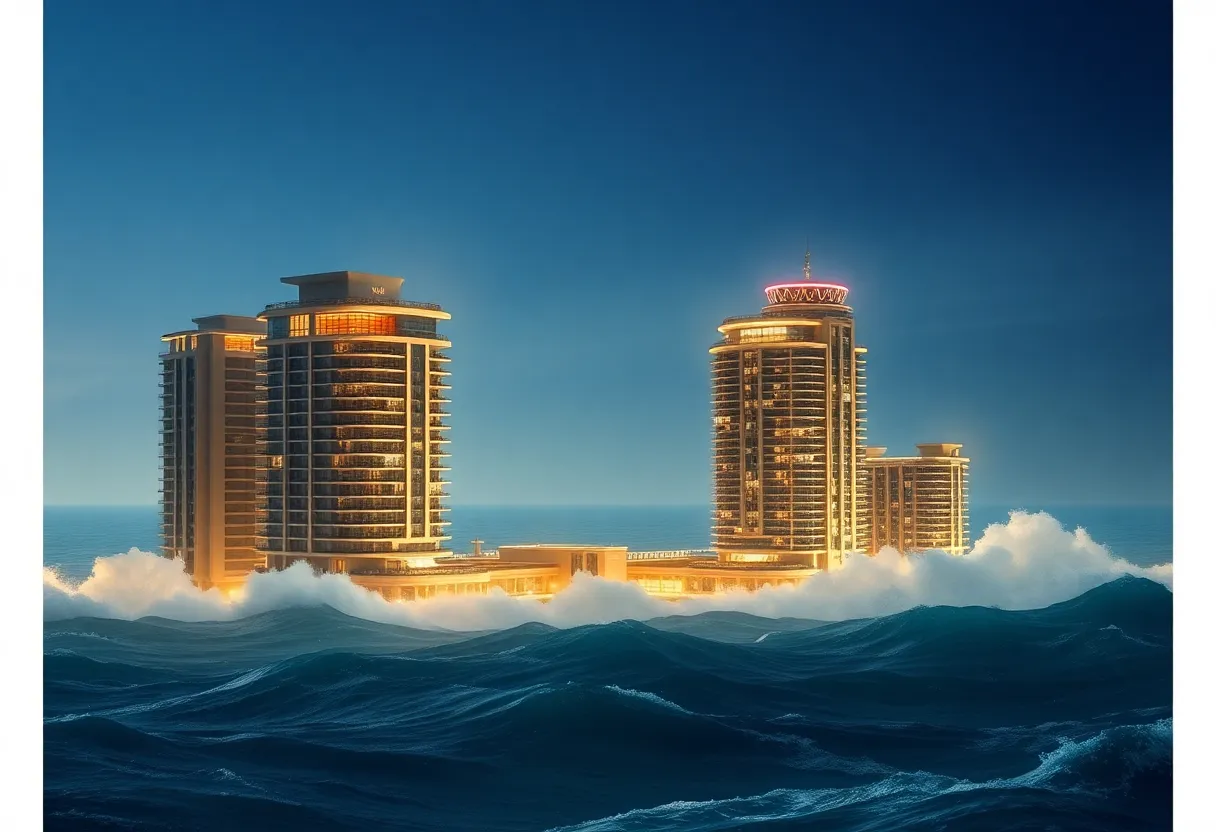 Luxury skyscrapers partially submerged in rising ocean waves.