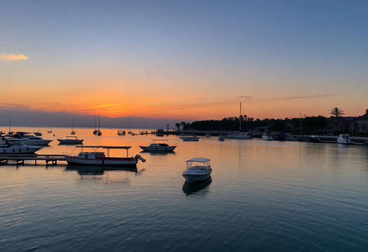 Serene waterfront with boats at sunset, peaceful atmosphere.