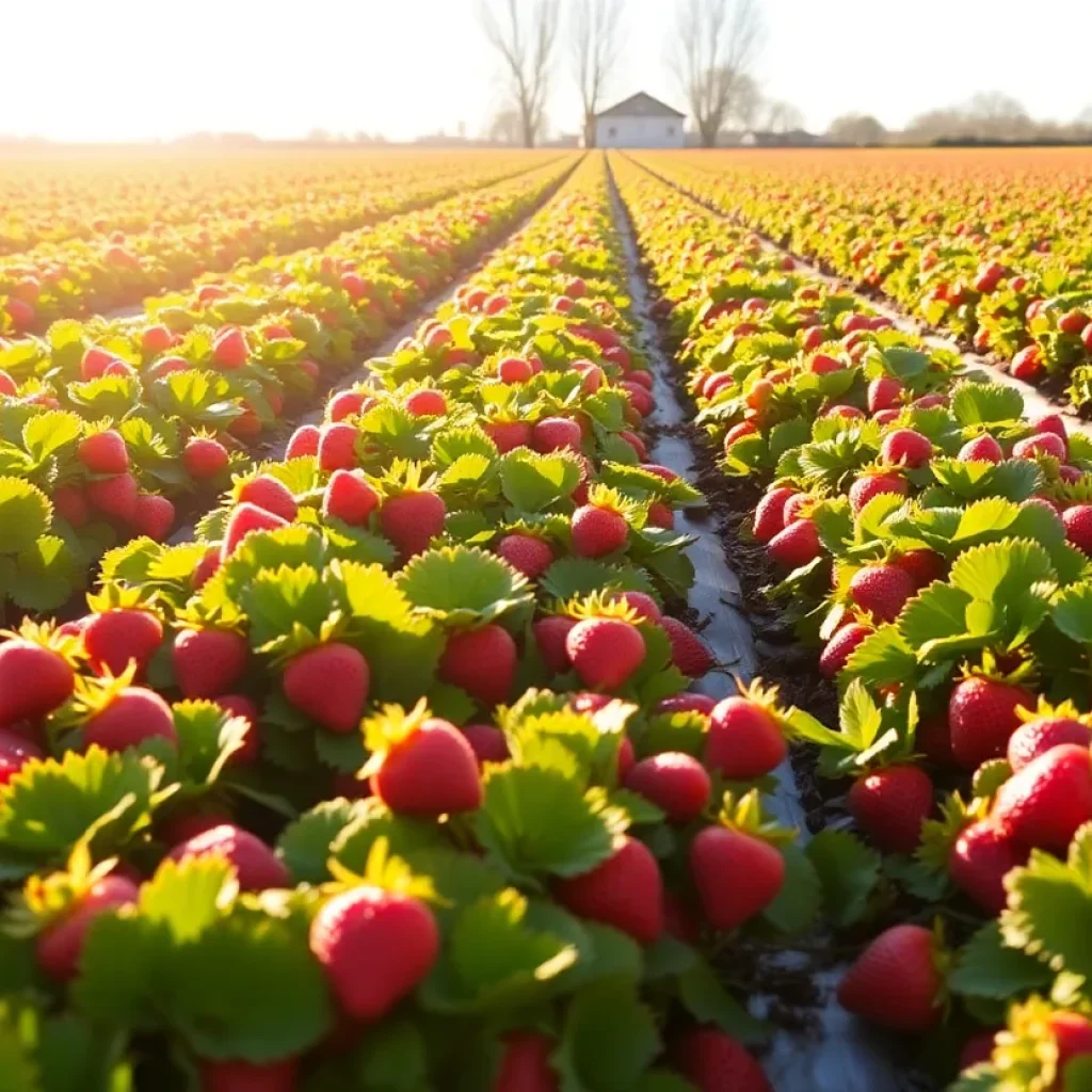 Vibrant strawberry fields blanketed in winter sunshine.