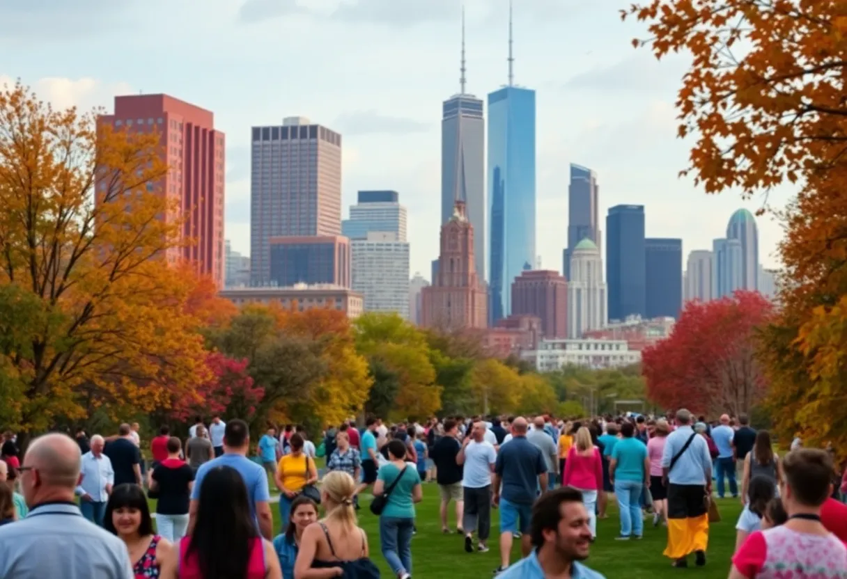 Vibrant city skyline with diverse community gathering in park.