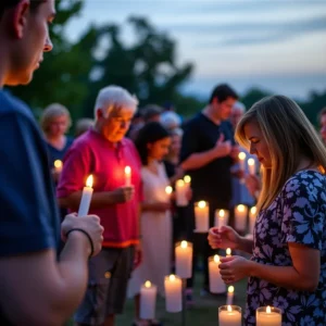 Community candlelight vigil with peaceful, supportive atmosphere.