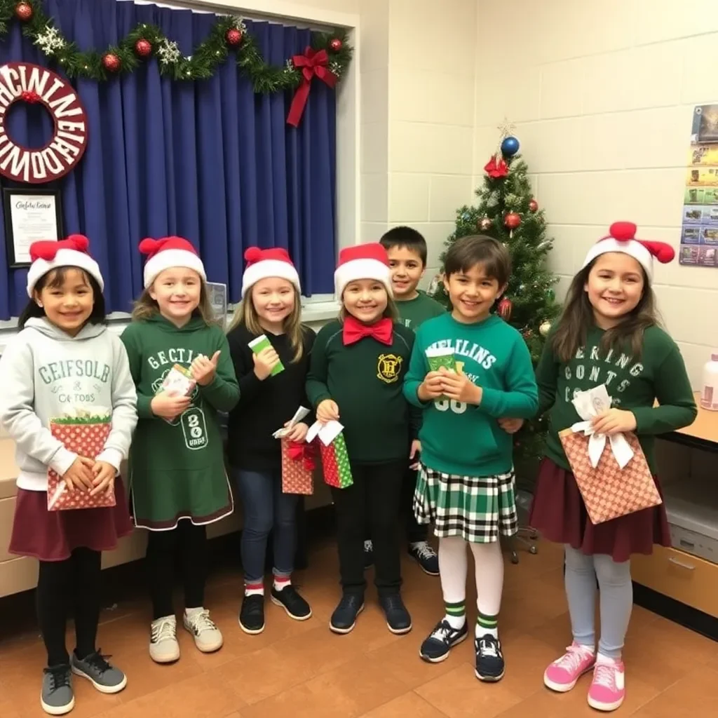 Holiday cheer at school with gifts and decorations.