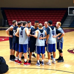 Dynamic team huddle during a basketball game practice.