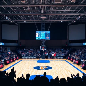 Basketball court with scoreboard and cheering crowd.