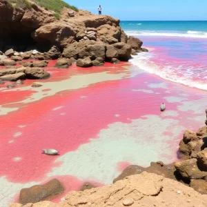 Vibrant coastal scene with wildlife near red tide waters.