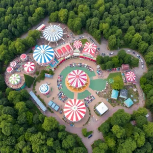 Aerial view of an amusement park with surrounding greenery.