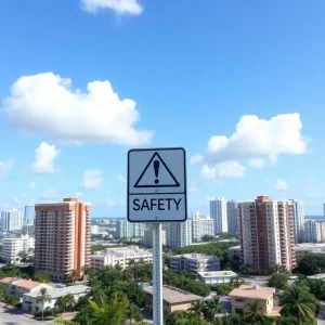 Soaring condo fees with safety sign in Florida skyline.