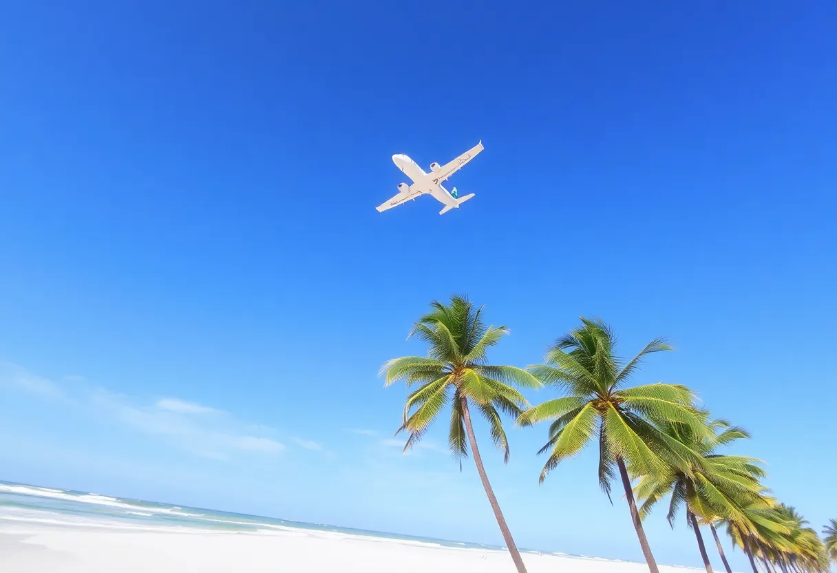 Airplane soaring over palm trees and sandy beach.