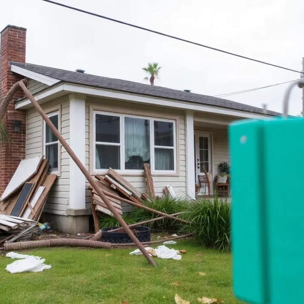 Hurricane-damaged home with utility bills in focus.