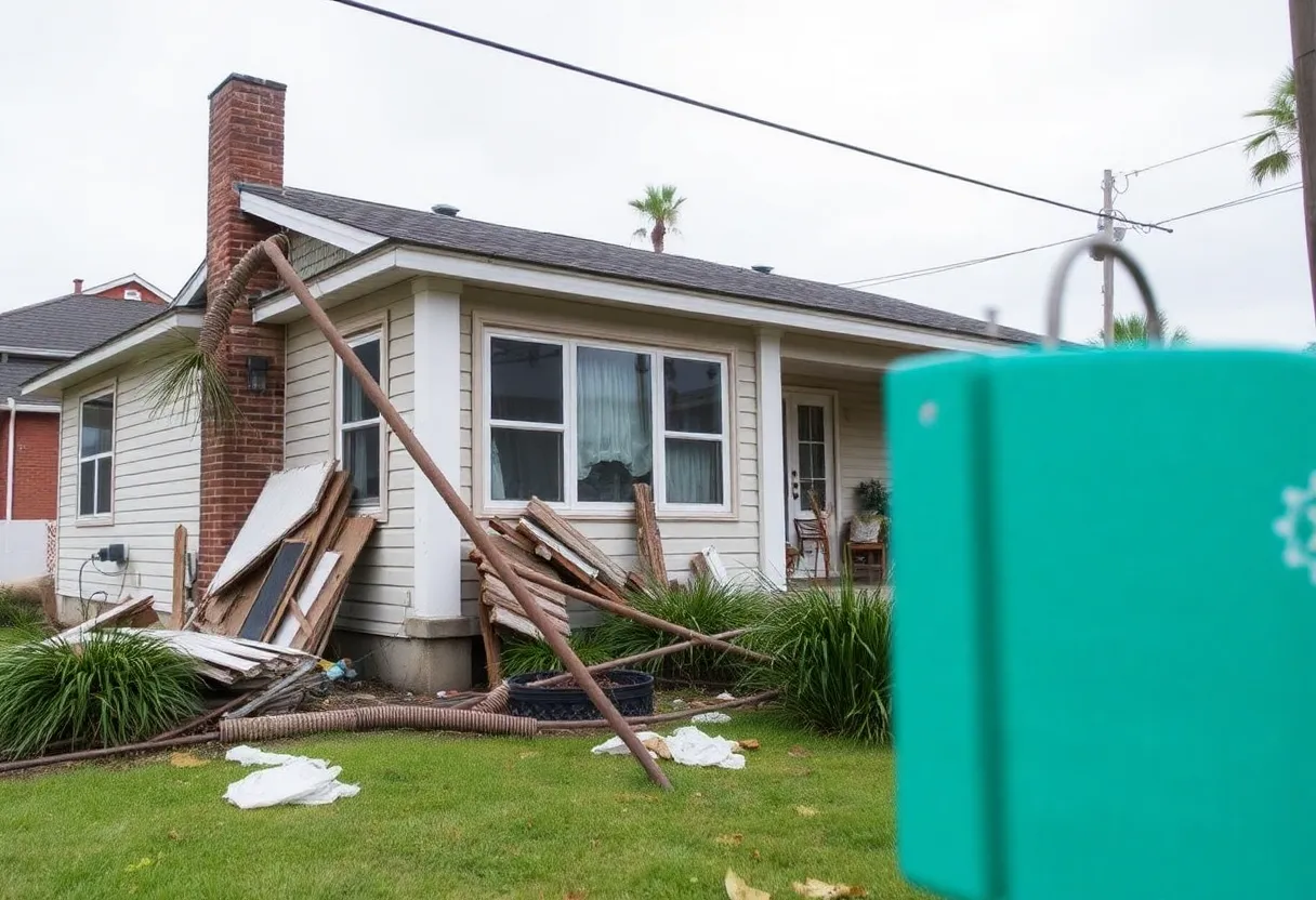 Hurricane-damaged home with utility bills in focus.