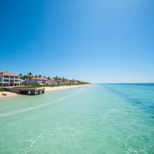 Luxurious beachfront properties under a clear blue sky.