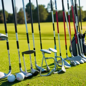 High-quality golf clubs arranged on a golf course.