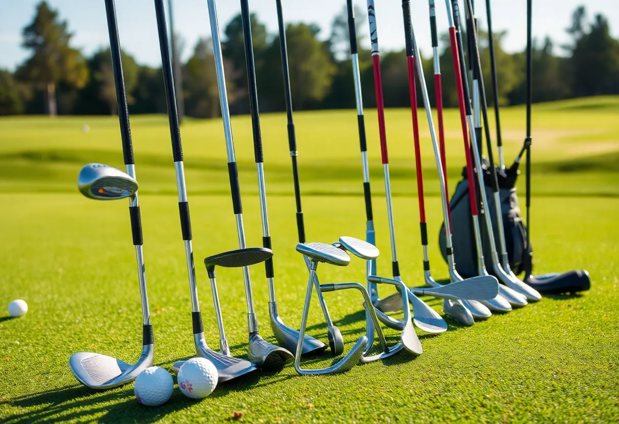 High-quality golf clubs arranged on a golf course.