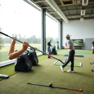 A golfer practicing indoors with adjustable golf clubs