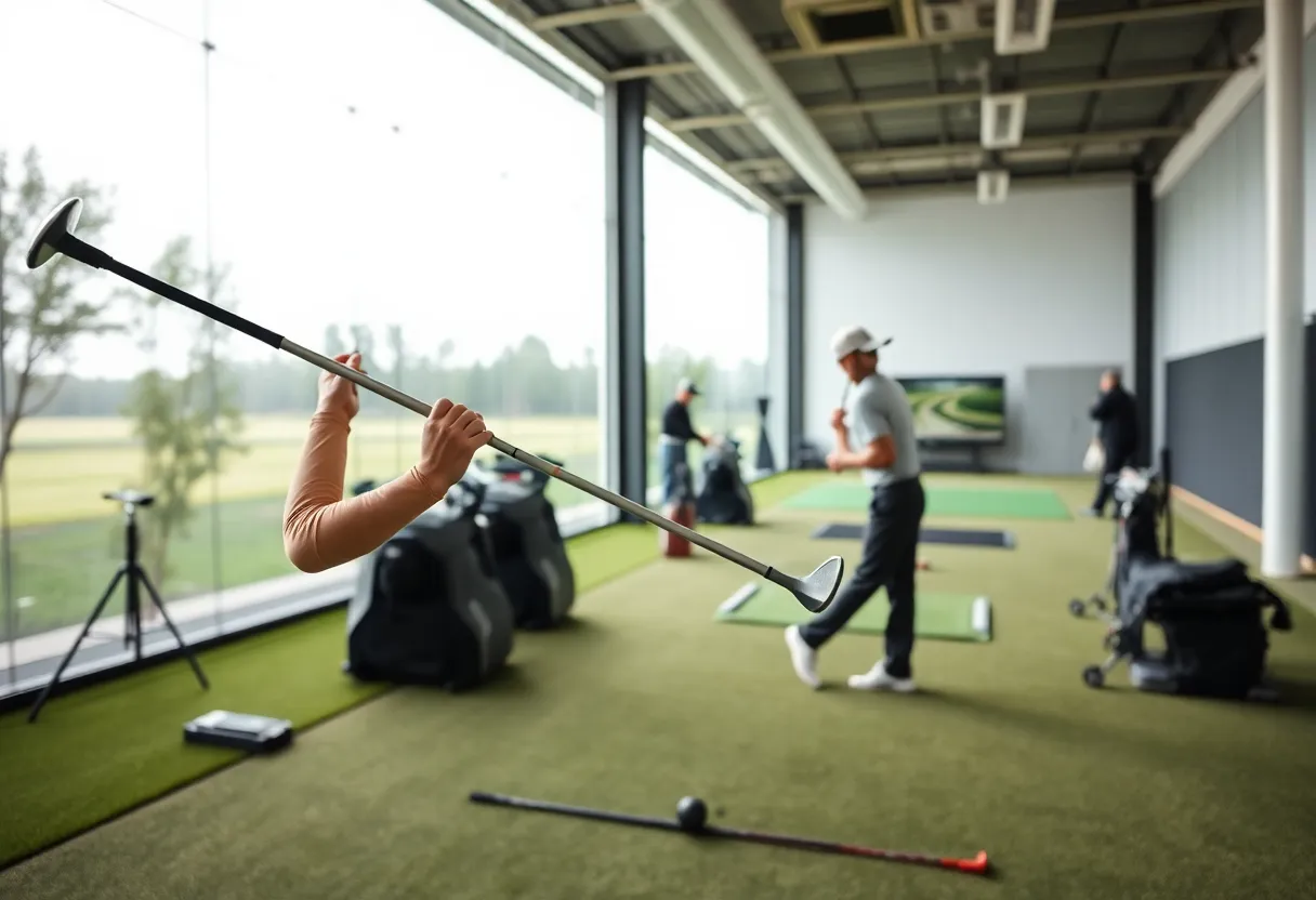 A golfer practicing indoors with adjustable golf clubs