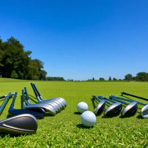 A beginner golfer on a Seattle golf course with clubs in hand