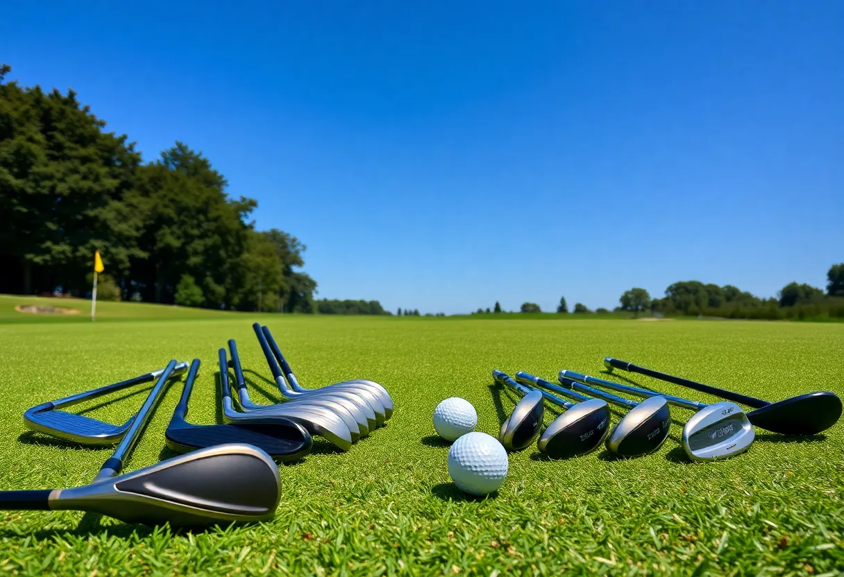 A beginner golfer on a Seattle golf course with clubs in hand